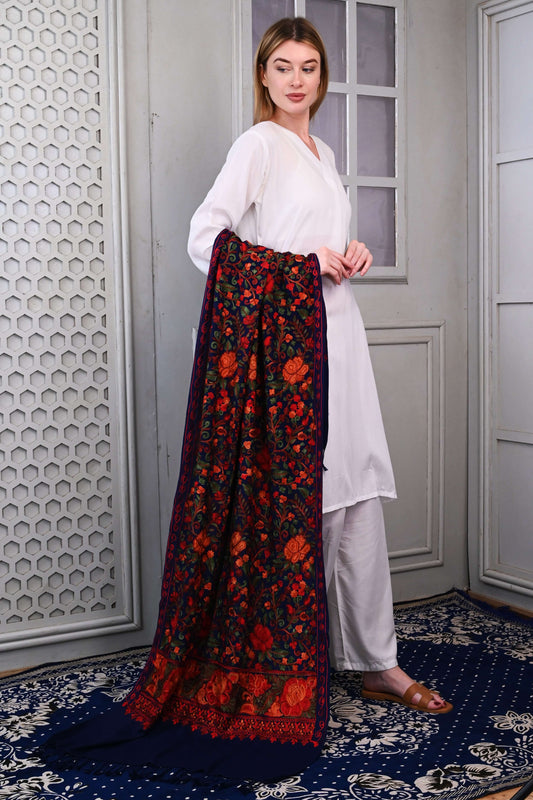 Aari Jama Embroidered Wool Stole – Midnight Blue with Multicolor Floral Threadwork