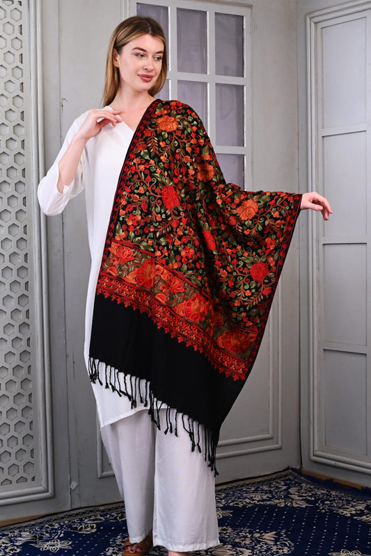 Aari Jama Embroidered Wool Stole – Classic Black with Regal Multicolor Floral Work