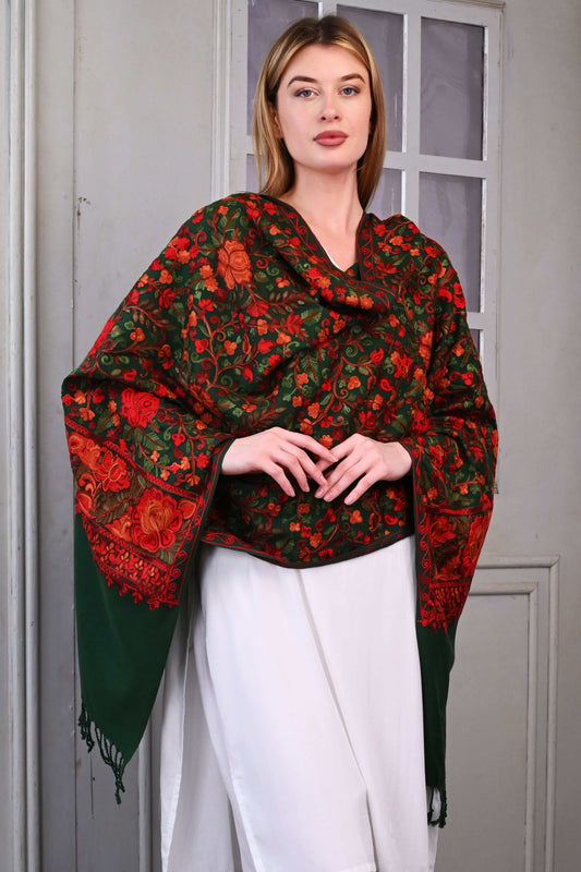 Aari Jama Embroidered Stole – Deep Forest Green with Vibrant Kashmiri Florals