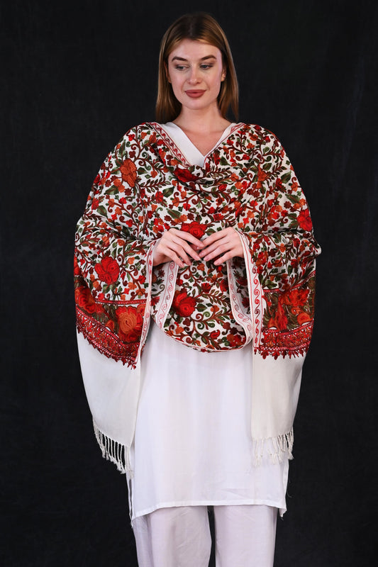 Aari Jama Embroidered Stole – Ivory Elegance with Multicolor Floral Intricacy