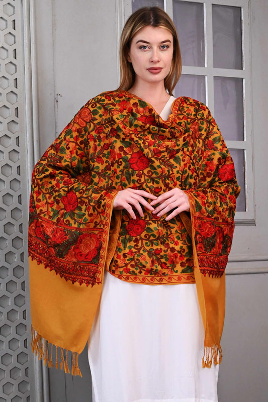 Aari Jama Embroidered Wool Stole – Mustard Ochre with Traditional Multicolor Floral Motifs