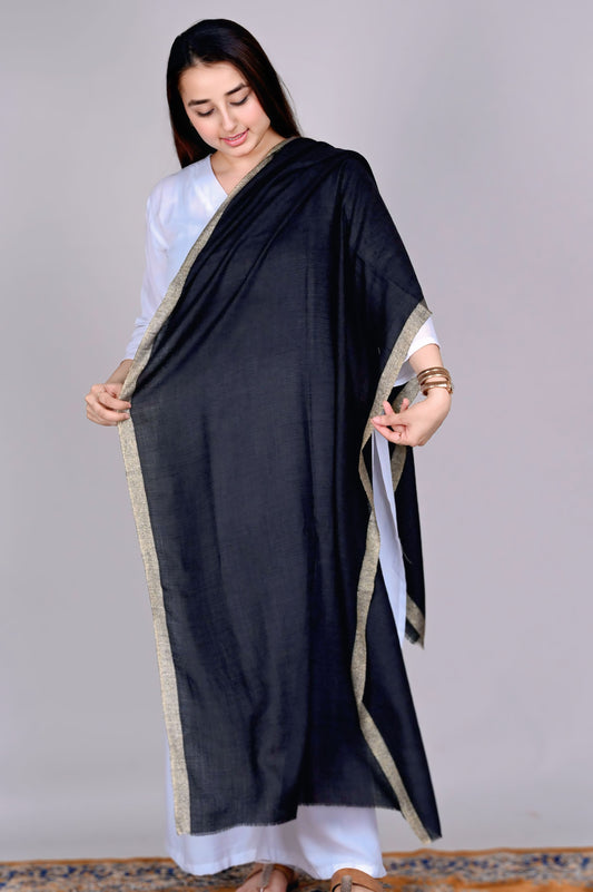 Classic Black Fine Wool Stole with Golden Zari Border