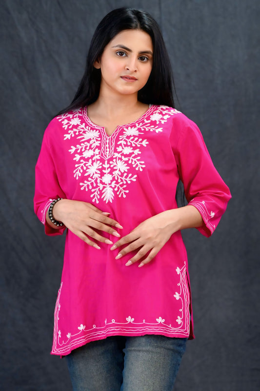 Elegant Fuchsia Chikankari Short Kurti