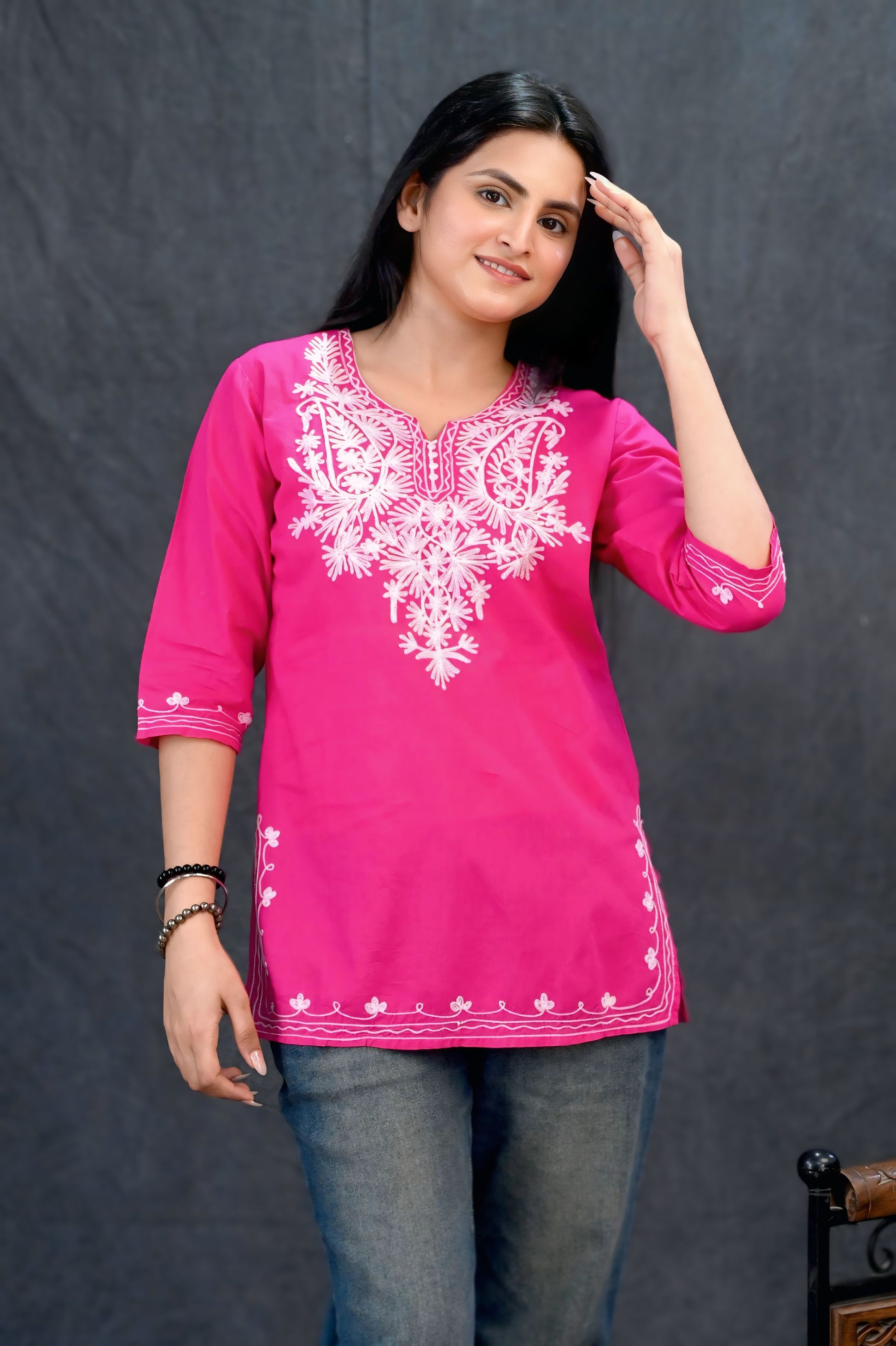 Elegant Fuchsia Chikankari Short Kurti
