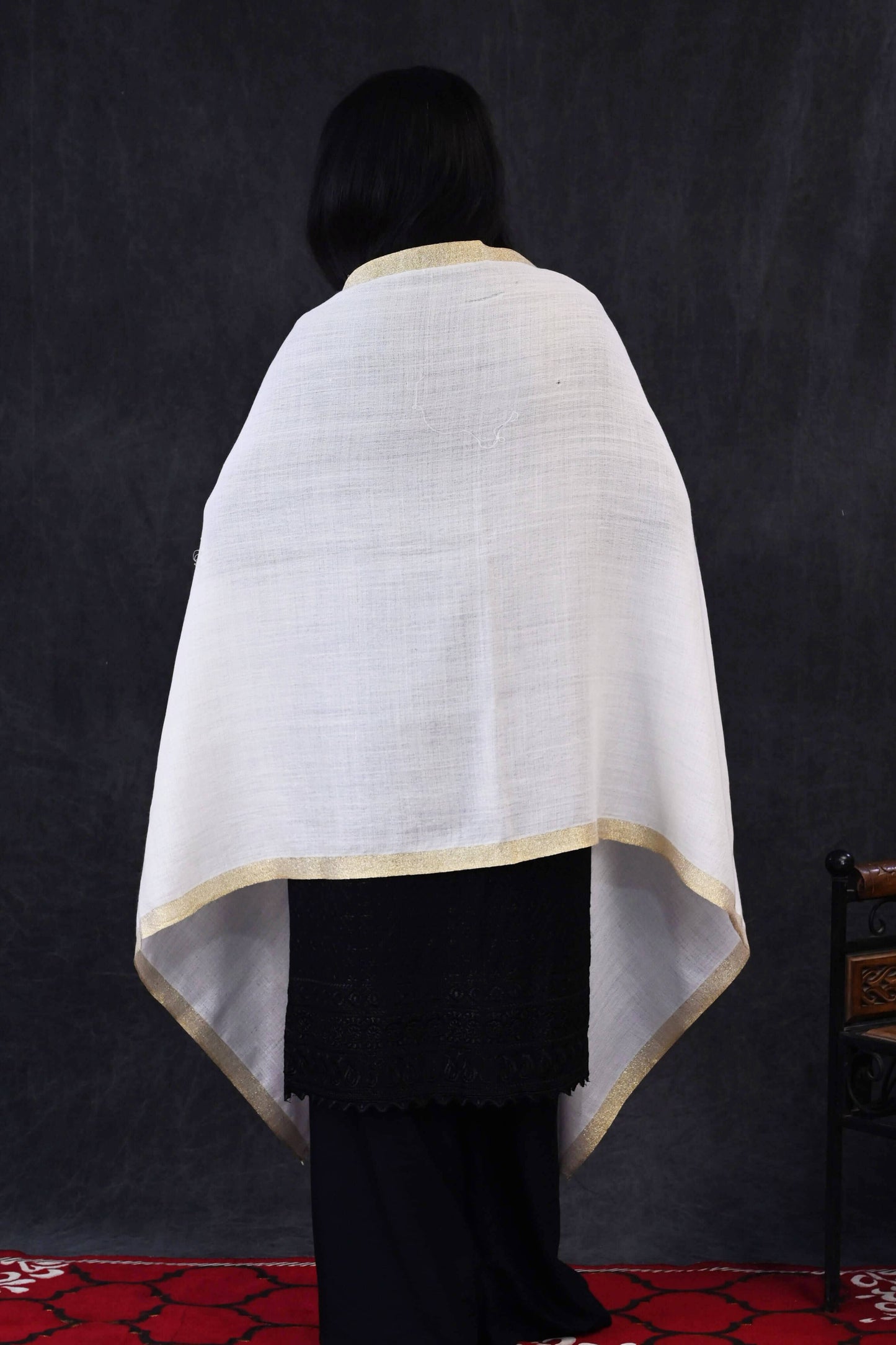Ivory Elegance Fine Wool Stole with Golden Zari Border