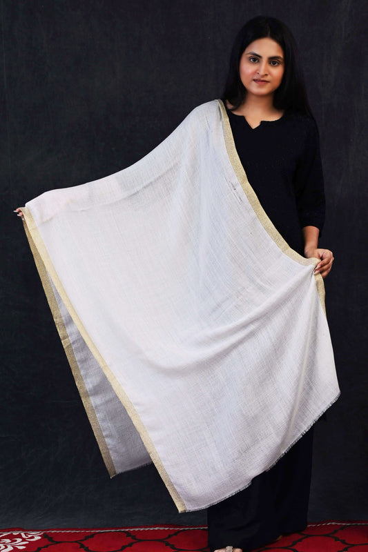 Ivory Elegance Fine Wool Stole with Golden Zari Border
