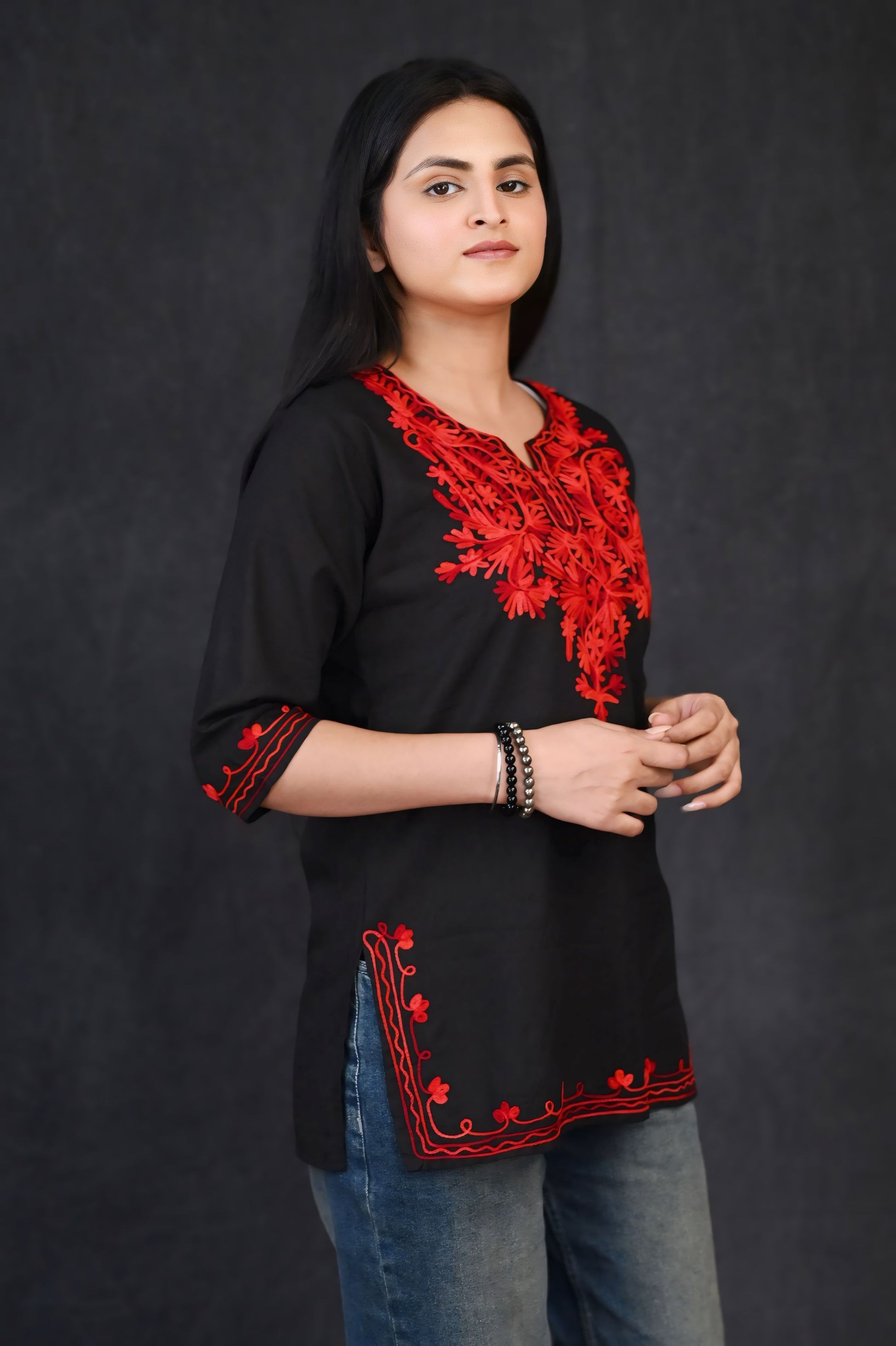 Fiery Elegance: Black & Red Short Chikankari Kurti
