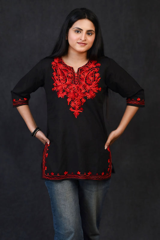 Fiery Elegance: Black & Red Short Chikankari Kurti