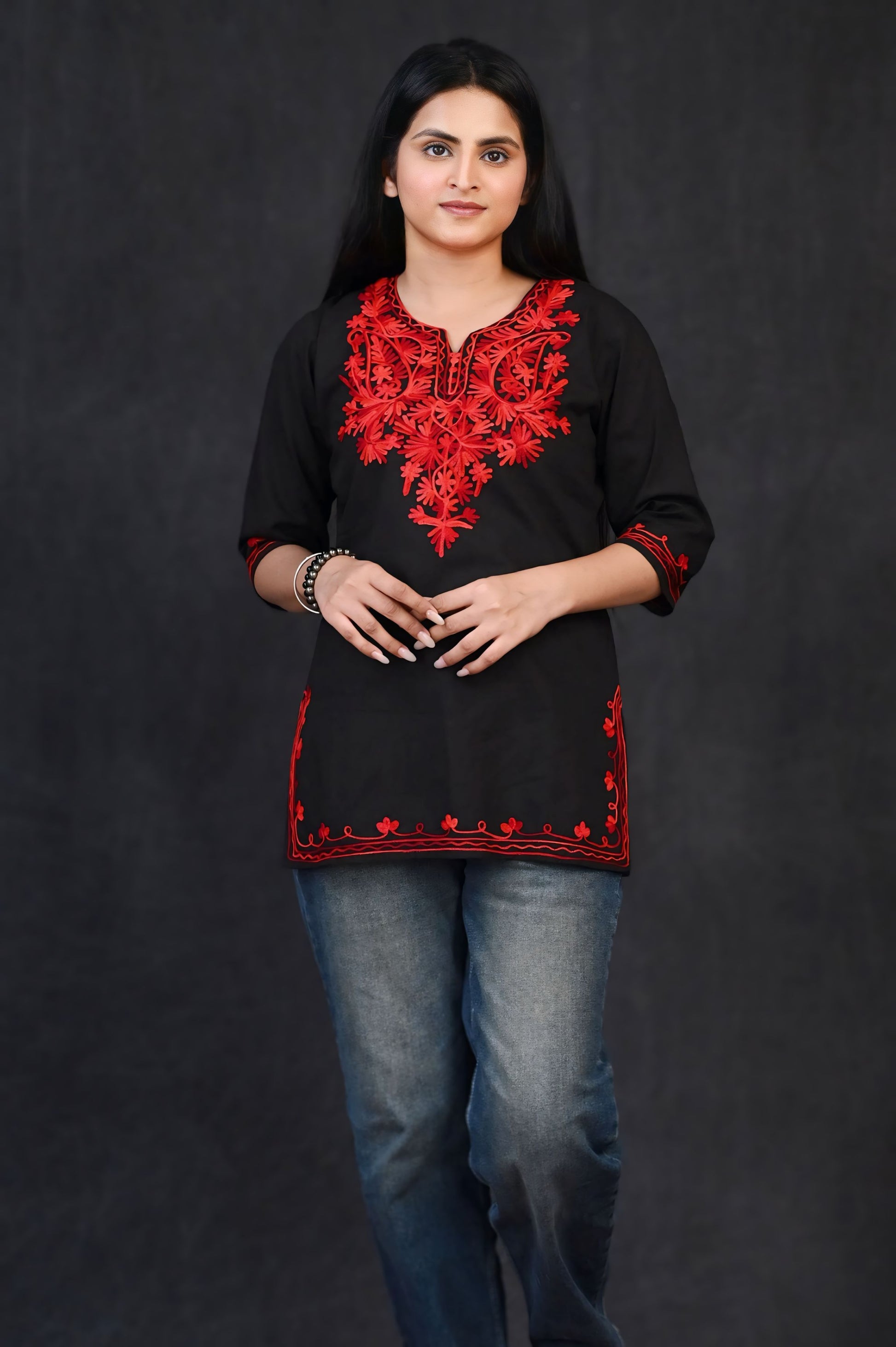 Fiery Elegance: Black & Red Short Chikankari Kurti