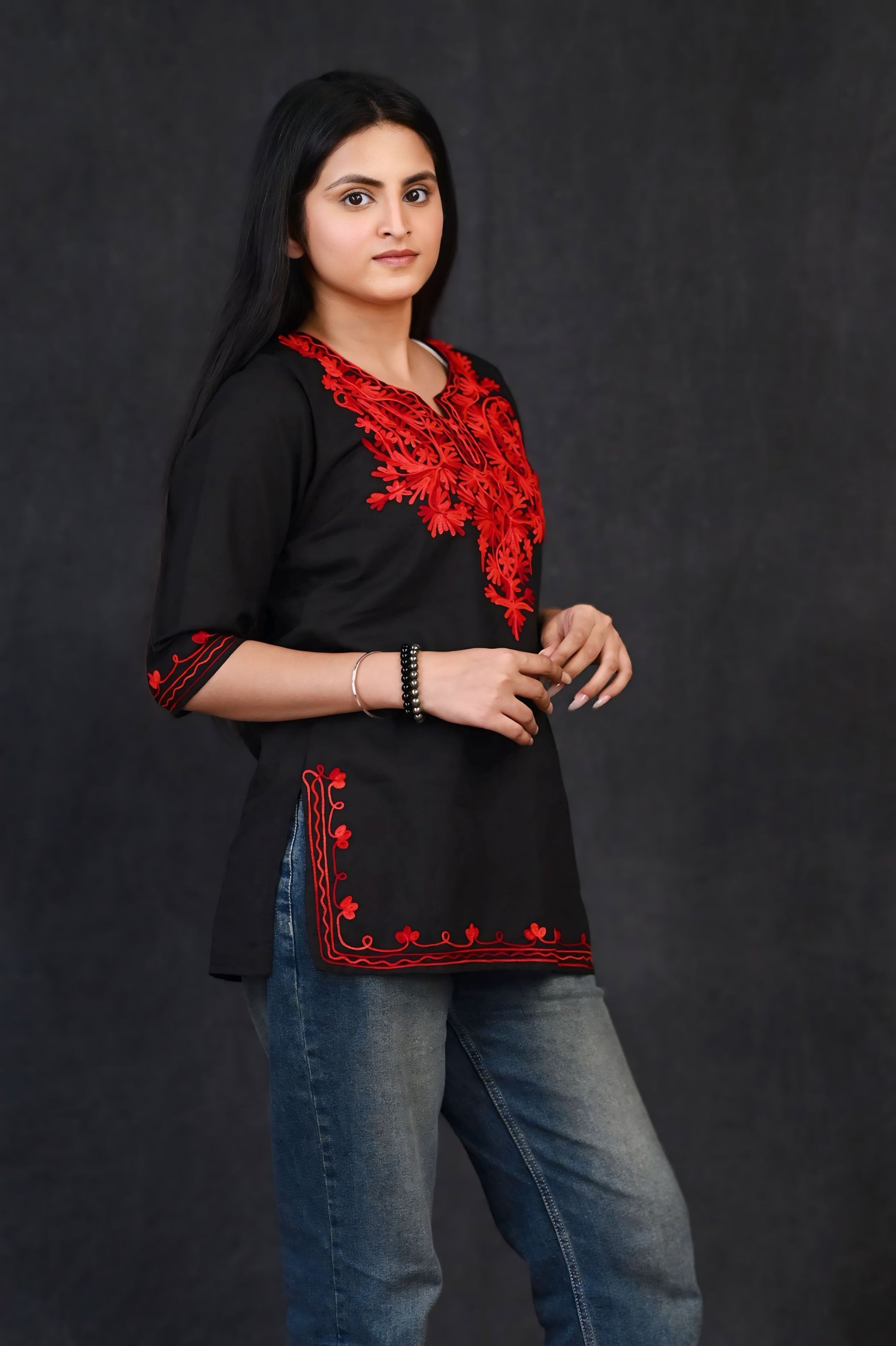 Fiery Elegance: Black & Red Short Chikankari Kurti