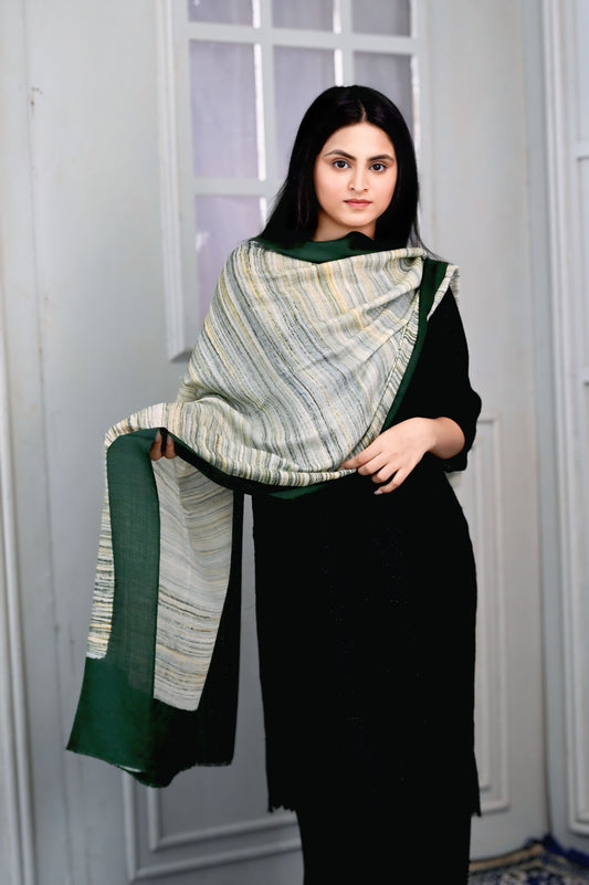 Fine Wool Brush Print Stole – Deep Forest Green with Earthy Striped Accents