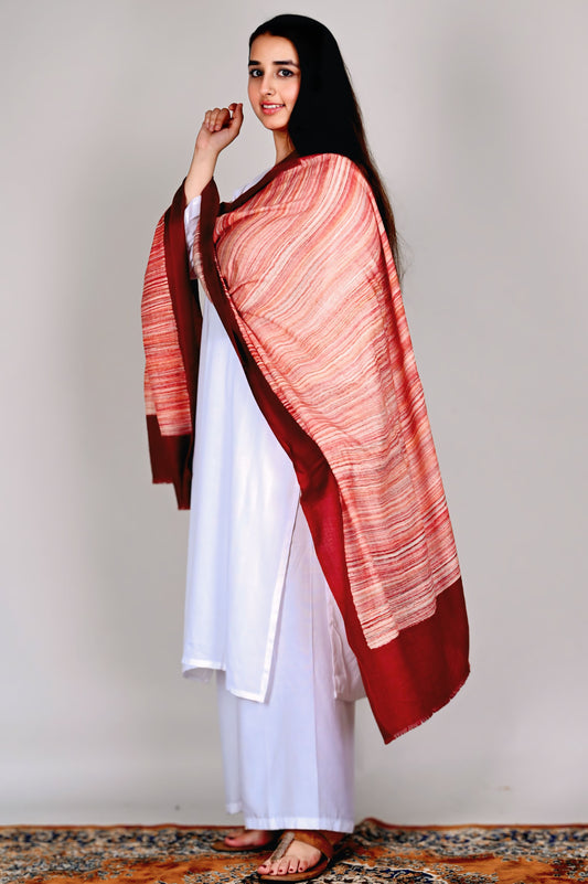 Fine Wool Brush Print Stole – Deep Maroon with Warm Toned Stripes