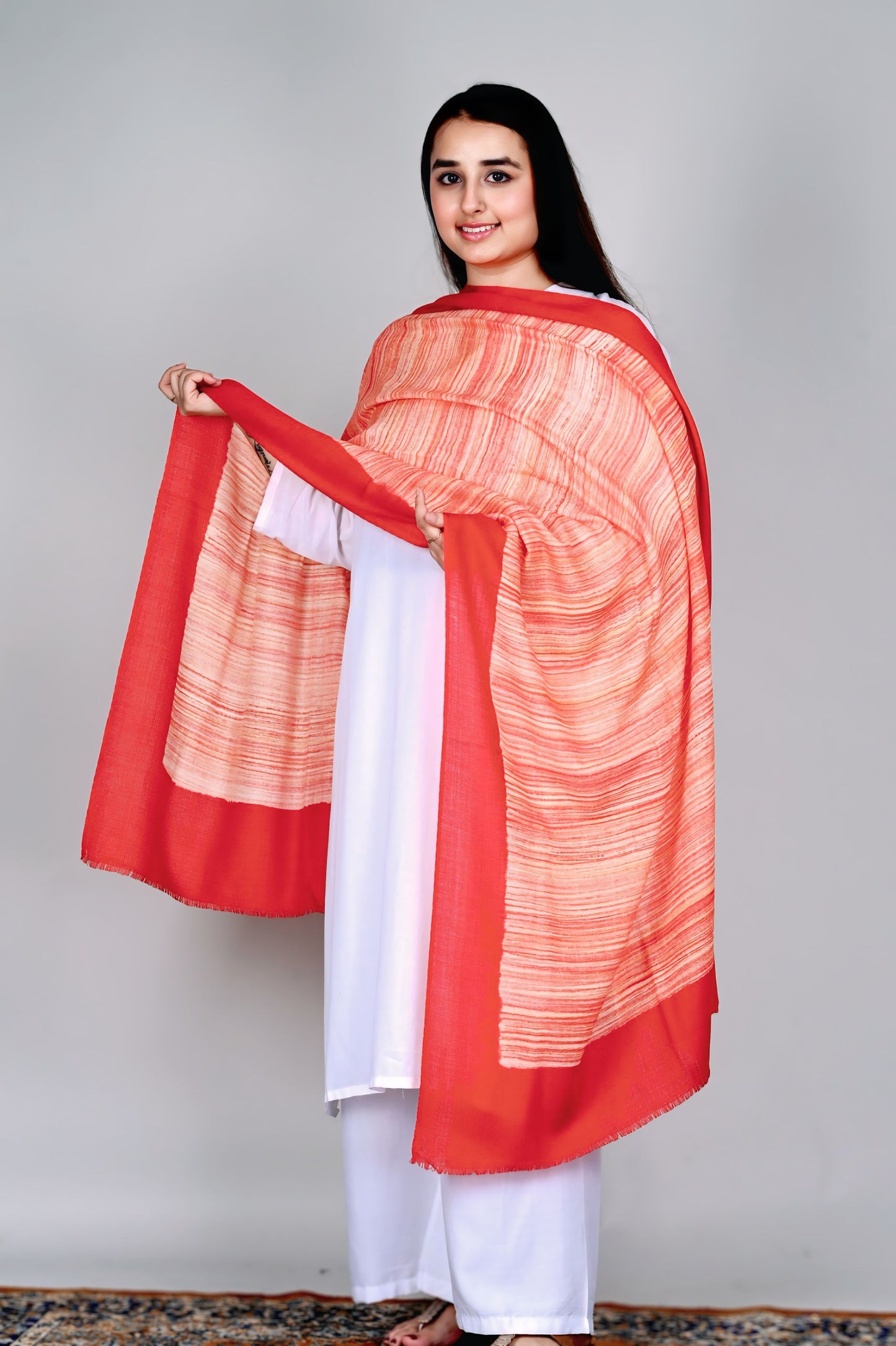 Fine Wool Brush Print Stole – Scarlet Red with Fiery Brush Stripes