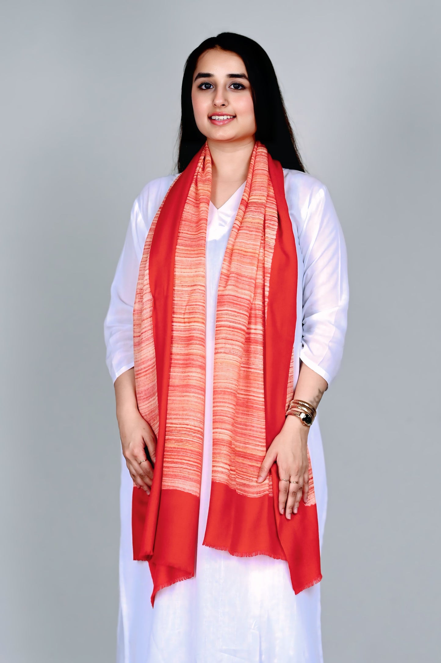 Fine Wool Brush Print Stole – Scarlet Red with Fiery Brush Stripes
