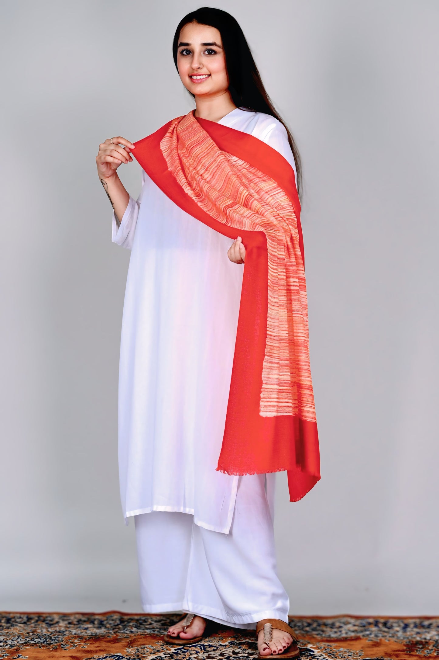 Fine Wool Brush Print Stole – Scarlet Red with Fiery Brush Stripes