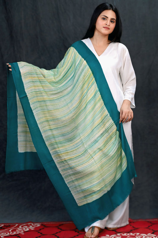 Fine Wool Brush Print Stole – Teal Green with Multitone Striped Design