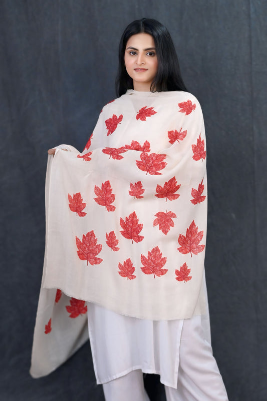 Fine Wool Chinar Design Stole – Ivory Base with Autumn Red Motifs