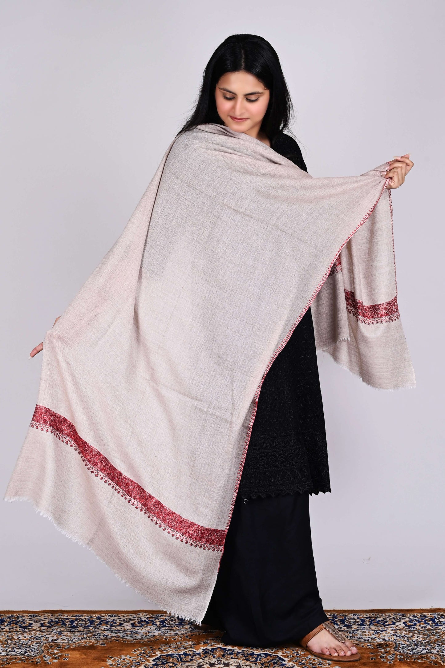 Fine Wool Sozni Embroidered Neemdor Pala Stole – Sandstone Beige with Burgundy Motifs