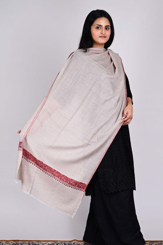 Fine Wool Sozni Embroidered Neemdor Pala Stole – Sandstone Beige with Burgundy Motifs