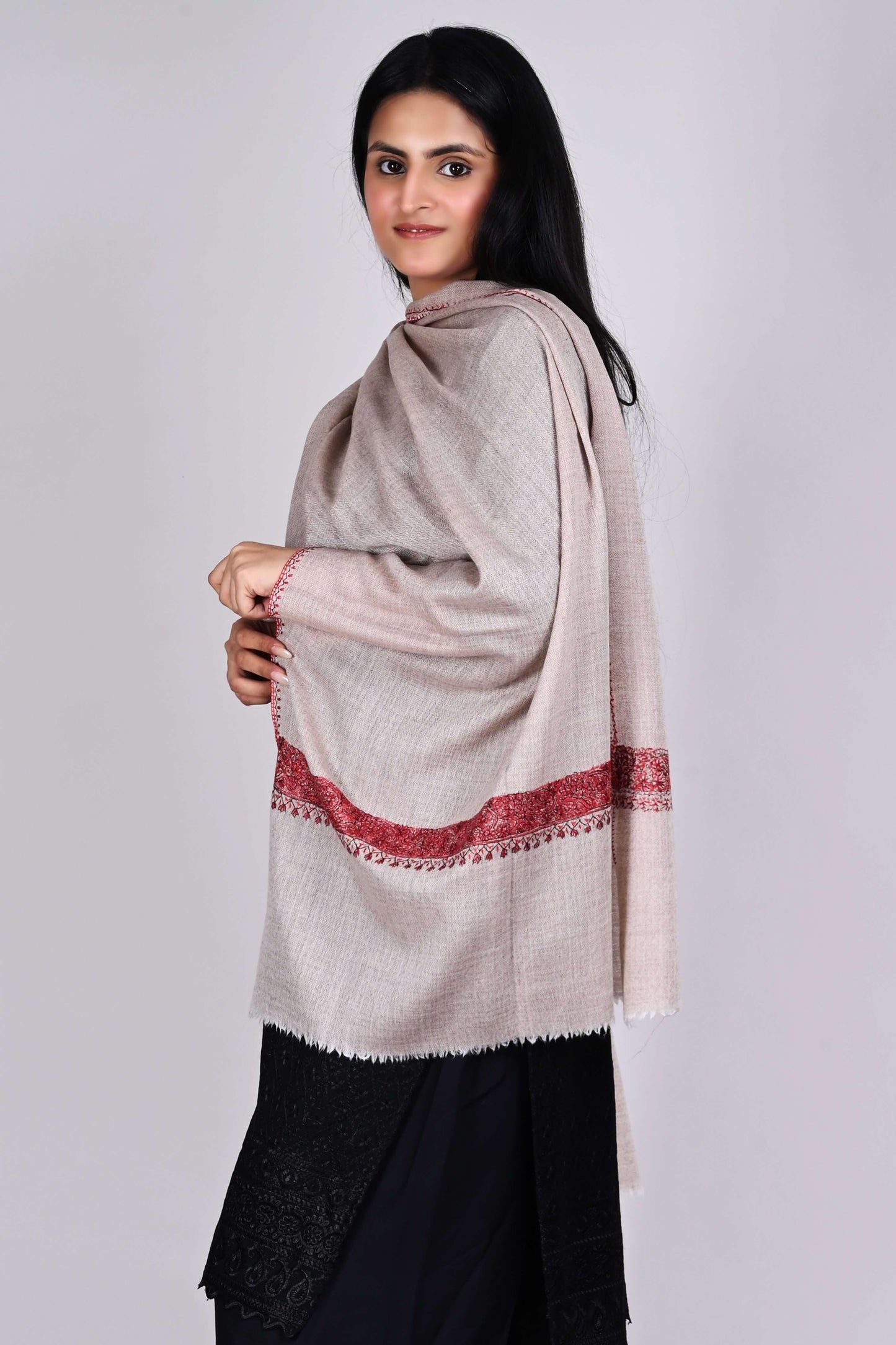 Fine Wool Sozni Embroidered Neemdor Pala Stole – Sandstone Beige with Burgundy Motifs