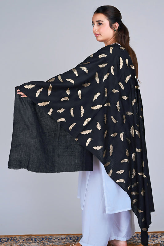 Elegant Fine Wool Stole with Gold Feather Foil Print – Black