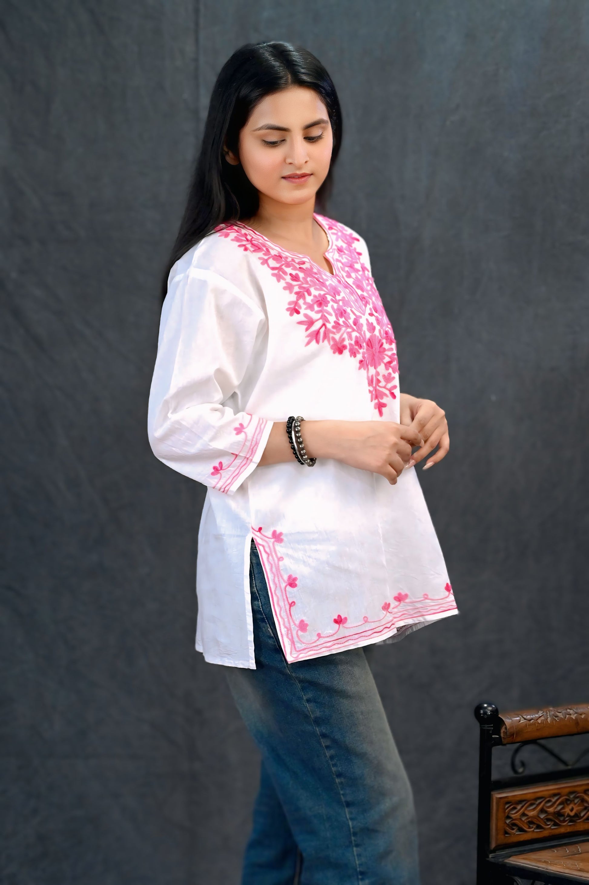 Grace in Bloom: White & Pink Short Chikankari Kurti