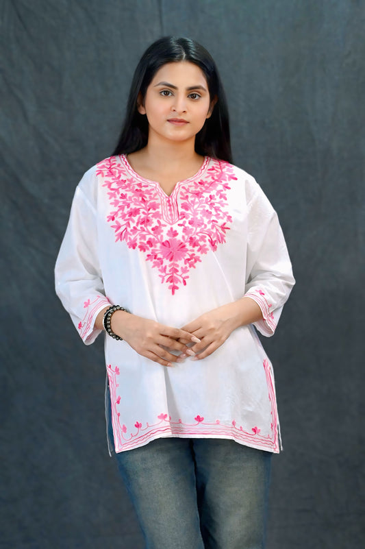 Grace in Bloom: White & Pink Short Chikankari Kurti