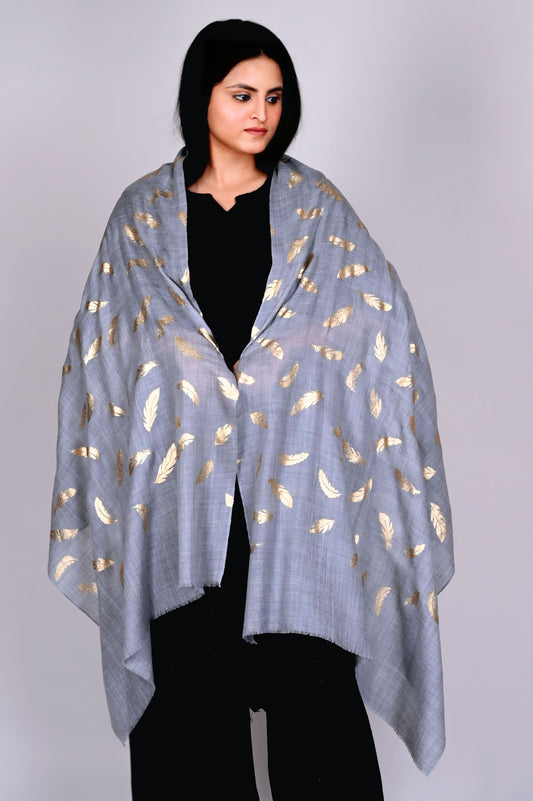 Elegant Grey Fine Wool Stole with Gold Feather Foil Print