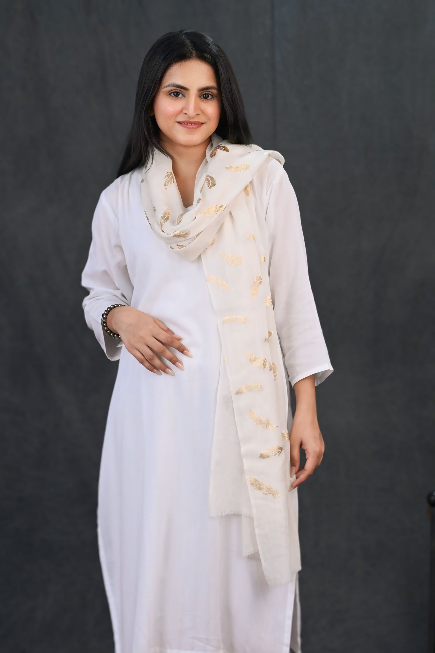 Ivory White Fine Wool Stole with Gold Feather Foil Print