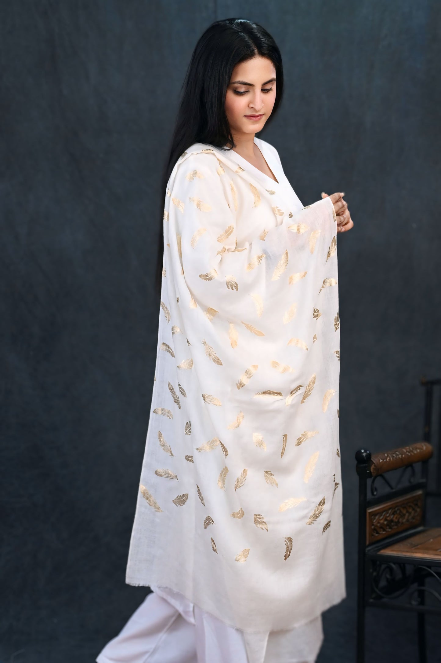 Ivory White Fine Wool Stole with Gold Feather Foil Print