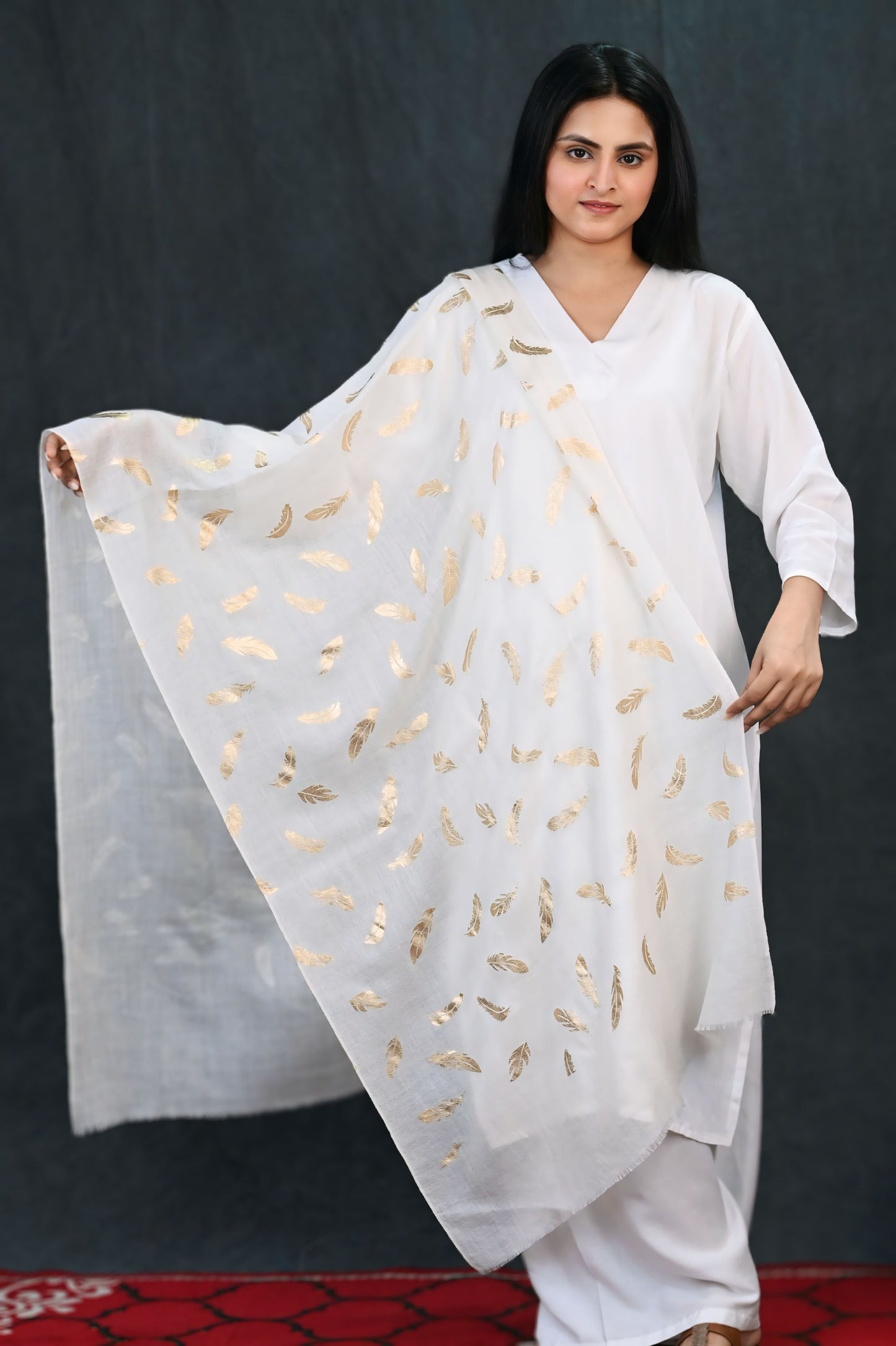 Ivory White Fine Wool Stole with Gold Feather Foil Print