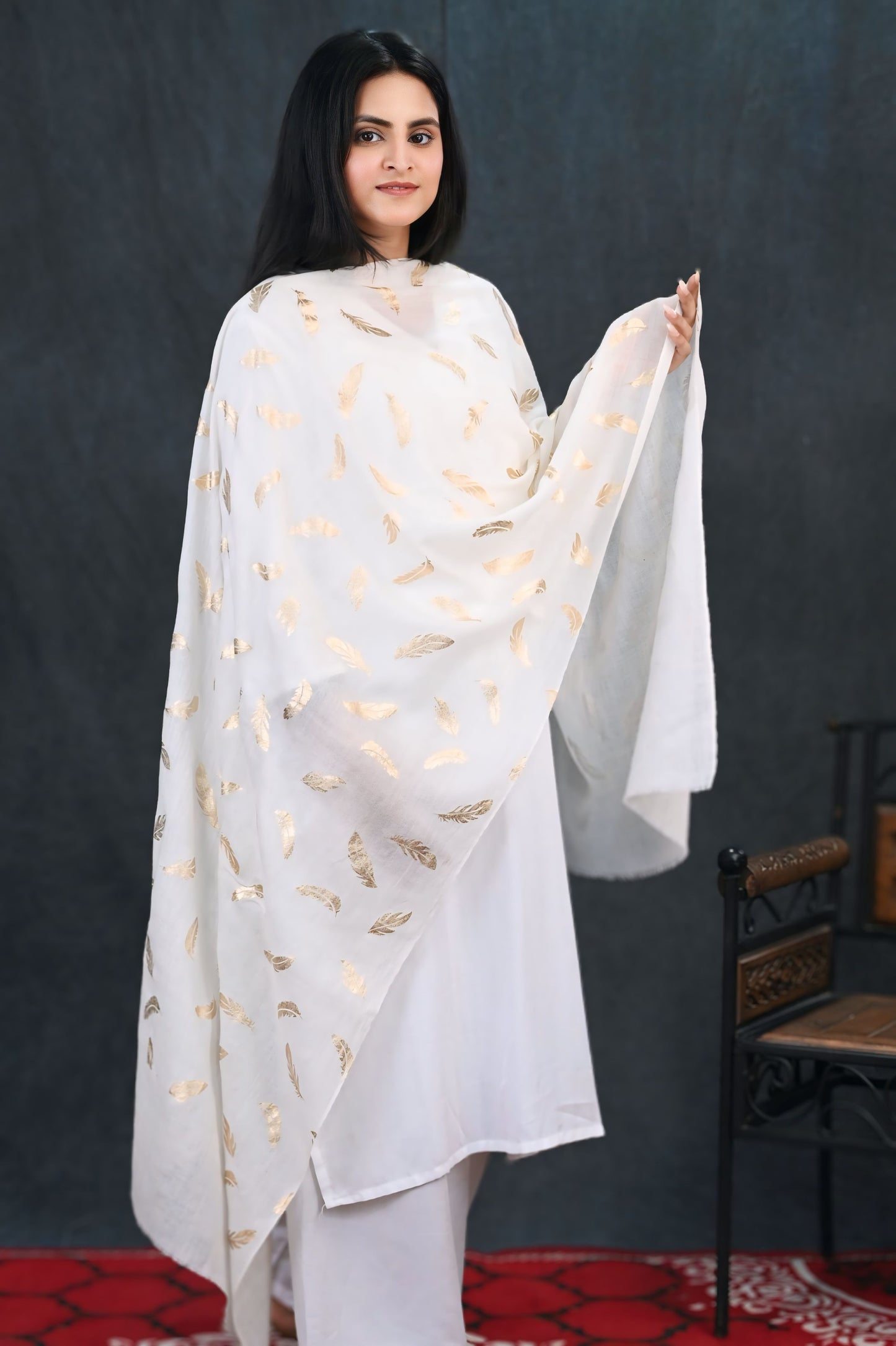 Ivory White Fine Wool Stole with Gold Feather Foil Print