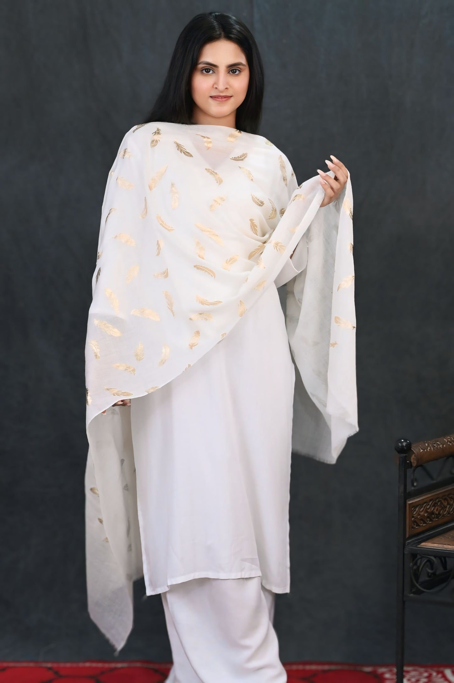 Ivory White Fine Wool Stole with Gold Feather Foil Print