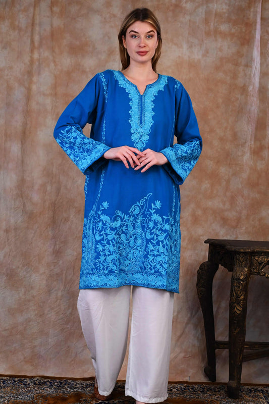 Kashmiri Woolen Phiran – Ocean Blue with Sky Blue Embroidery