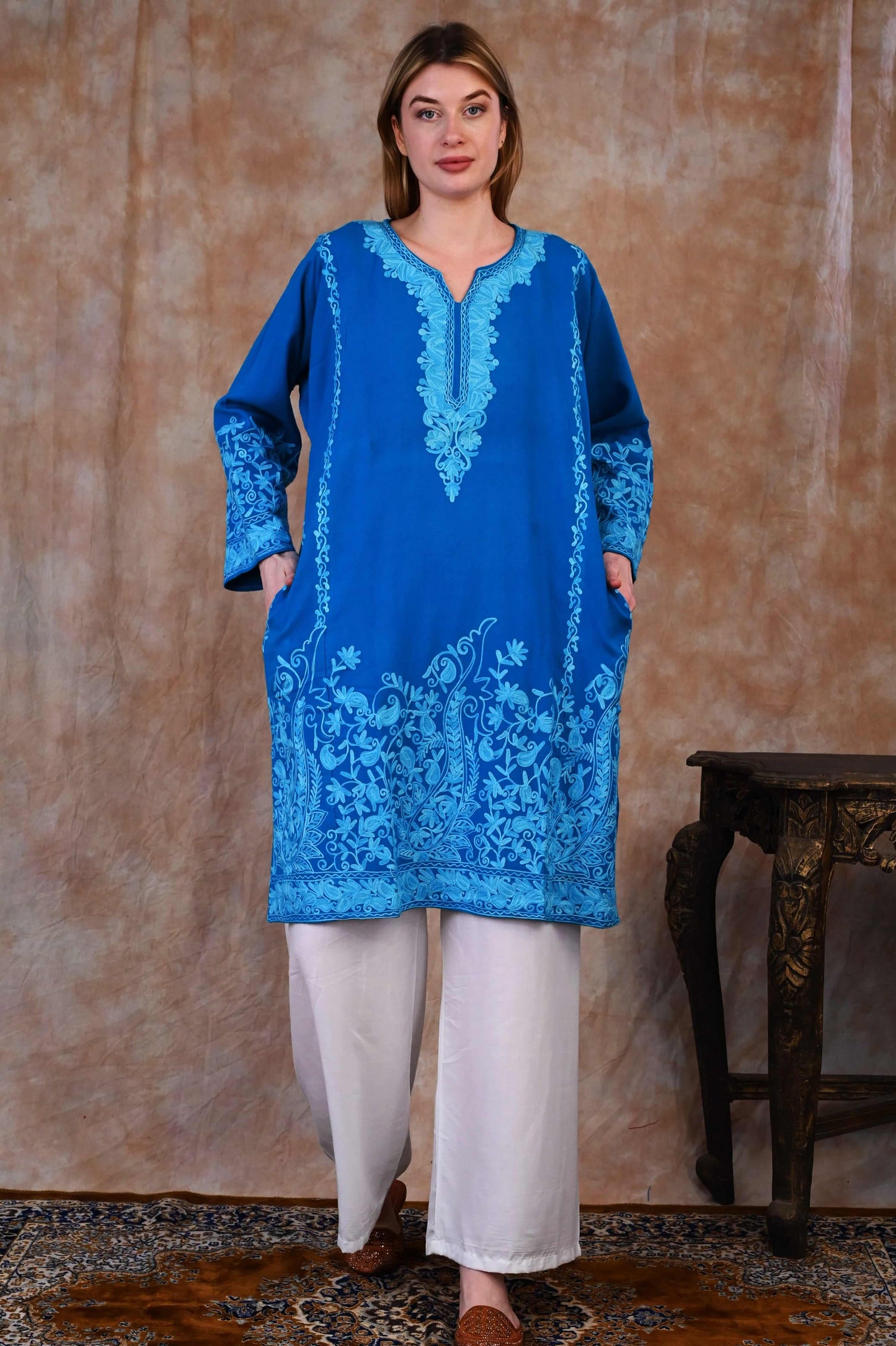 Kashmiri Woolen Phiran – Ocean Blue with Sky Blue Embroidery