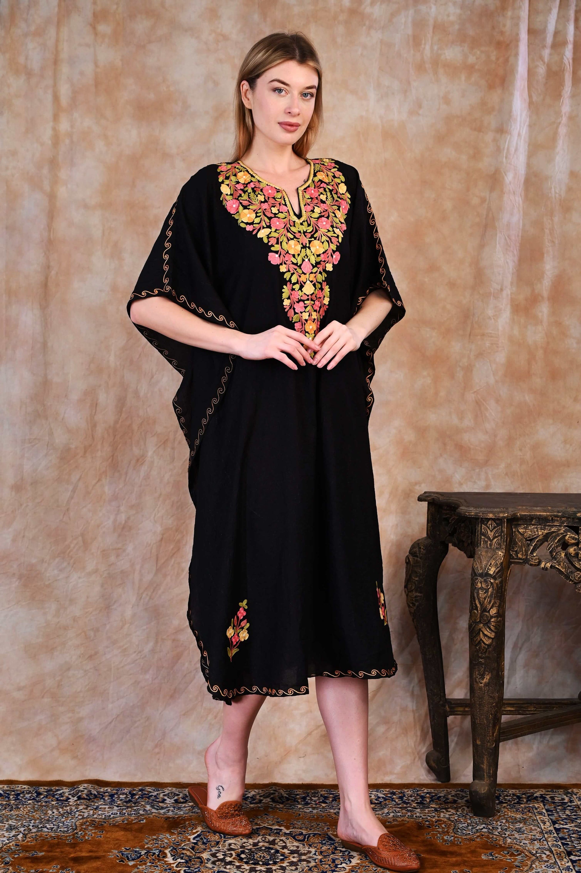 Elegant Black Kashmiri Crush Cotton Kaftan