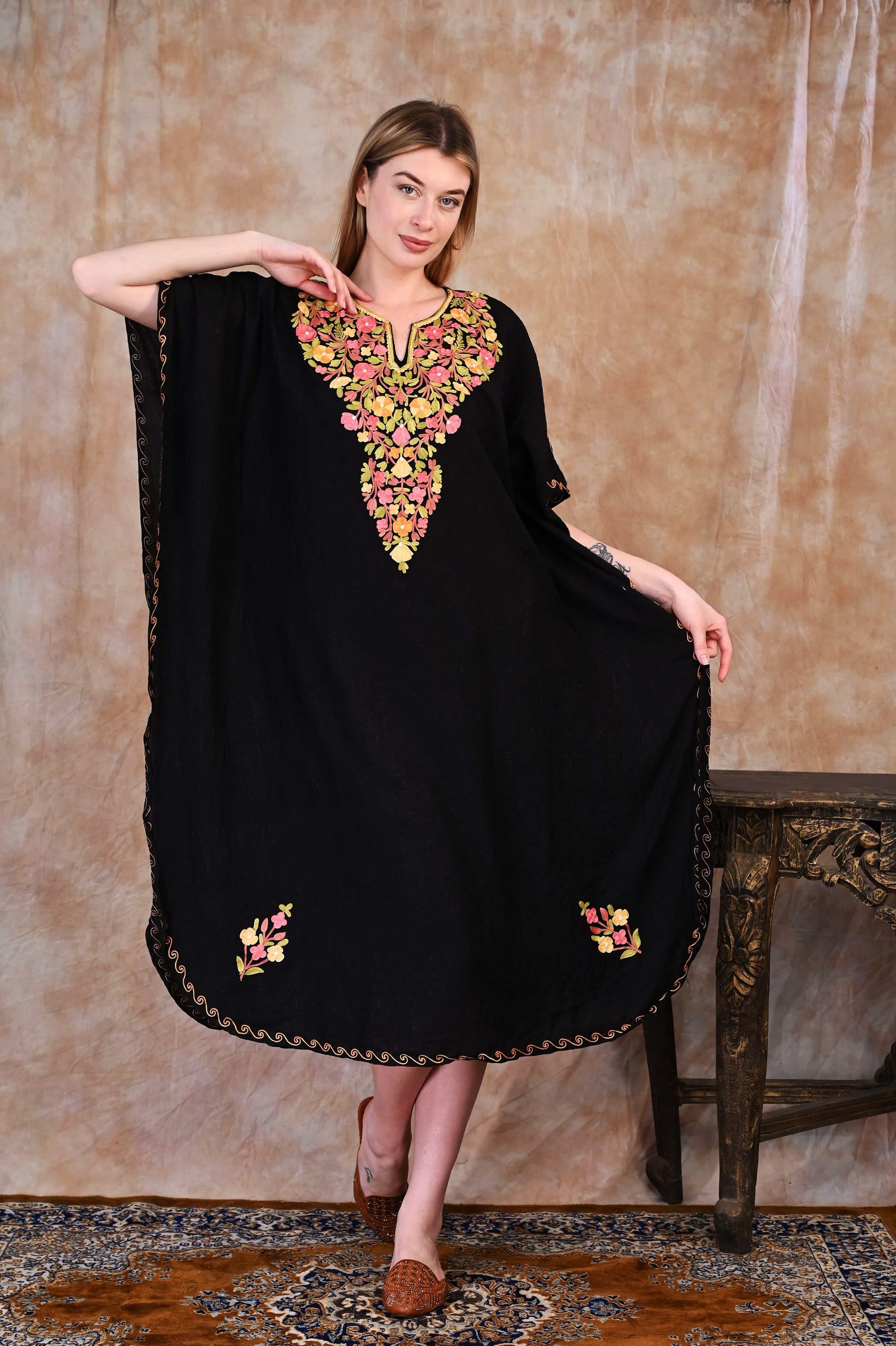 Elegant Black Kashmiri Crush Cotton Kaftan