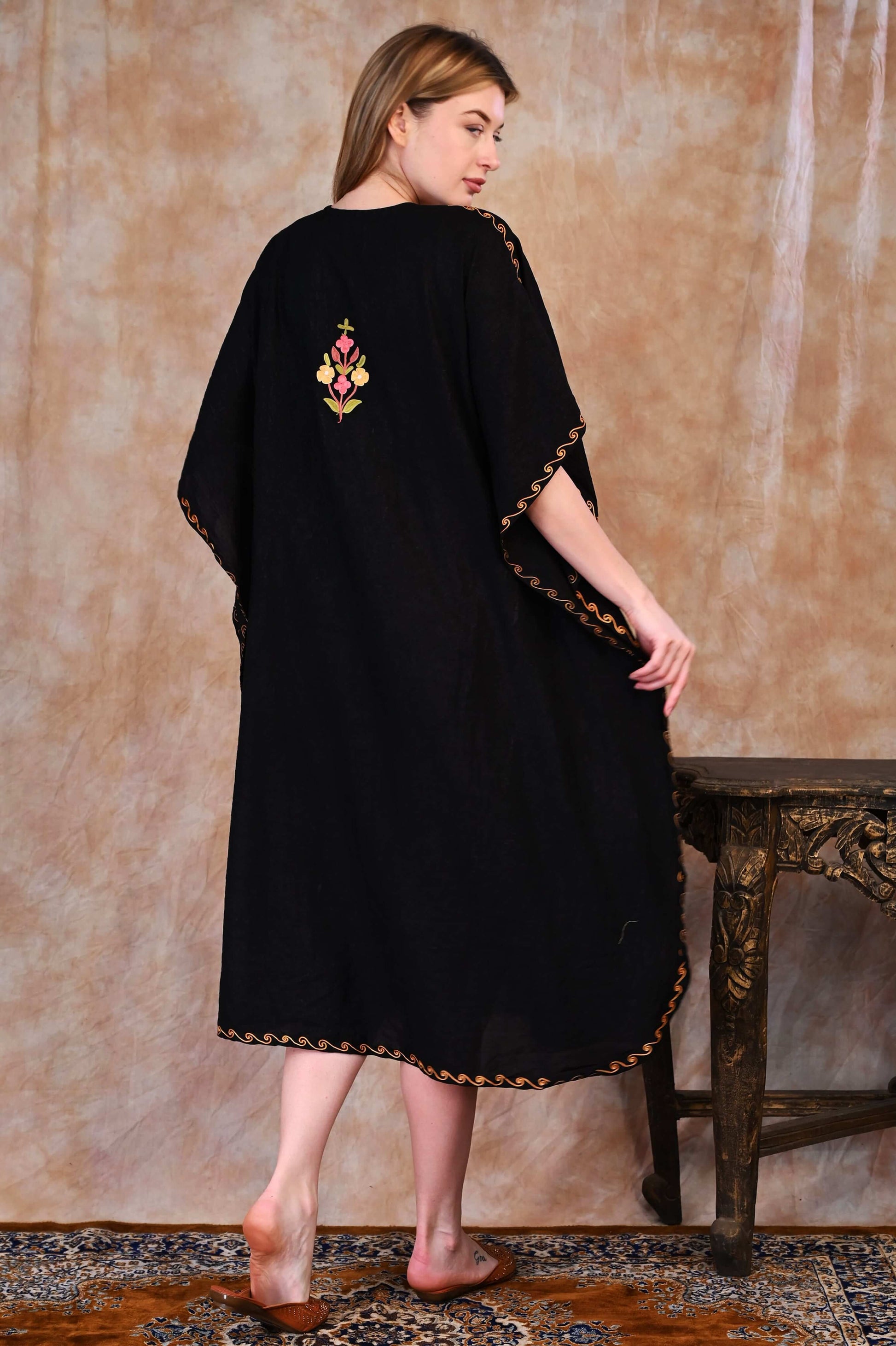 Elegant Black Kashmiri Crush Cotton Kaftan