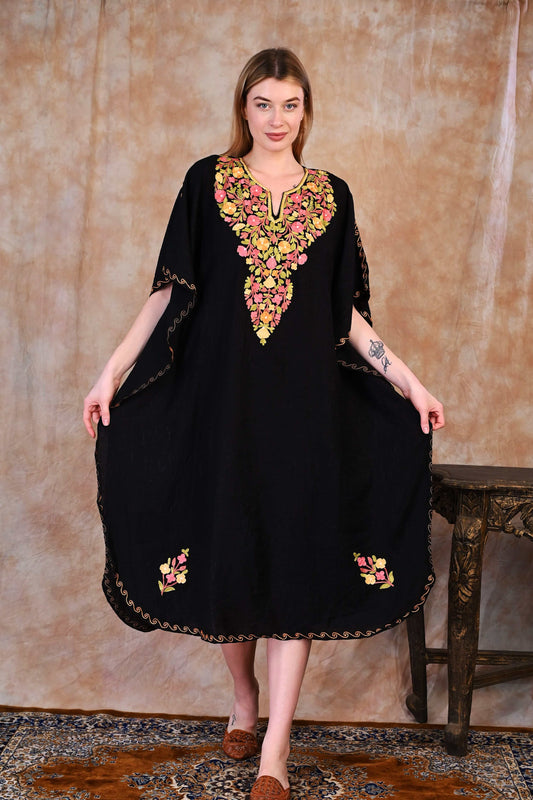 Elegant Black Kashmiri Crush Cotton Kaftan
