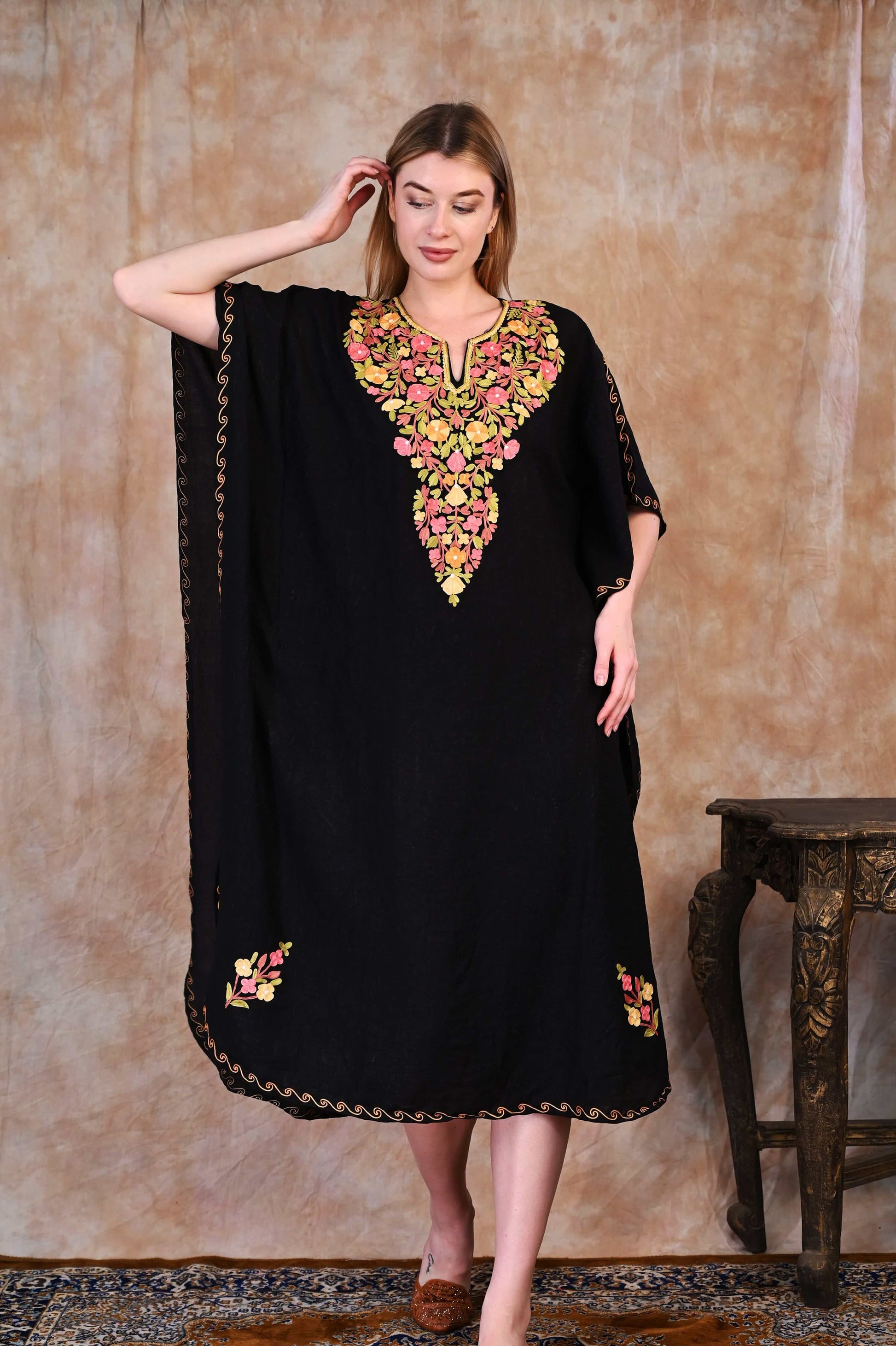 Elegant Black Kashmiri Crush Cotton Kaftan