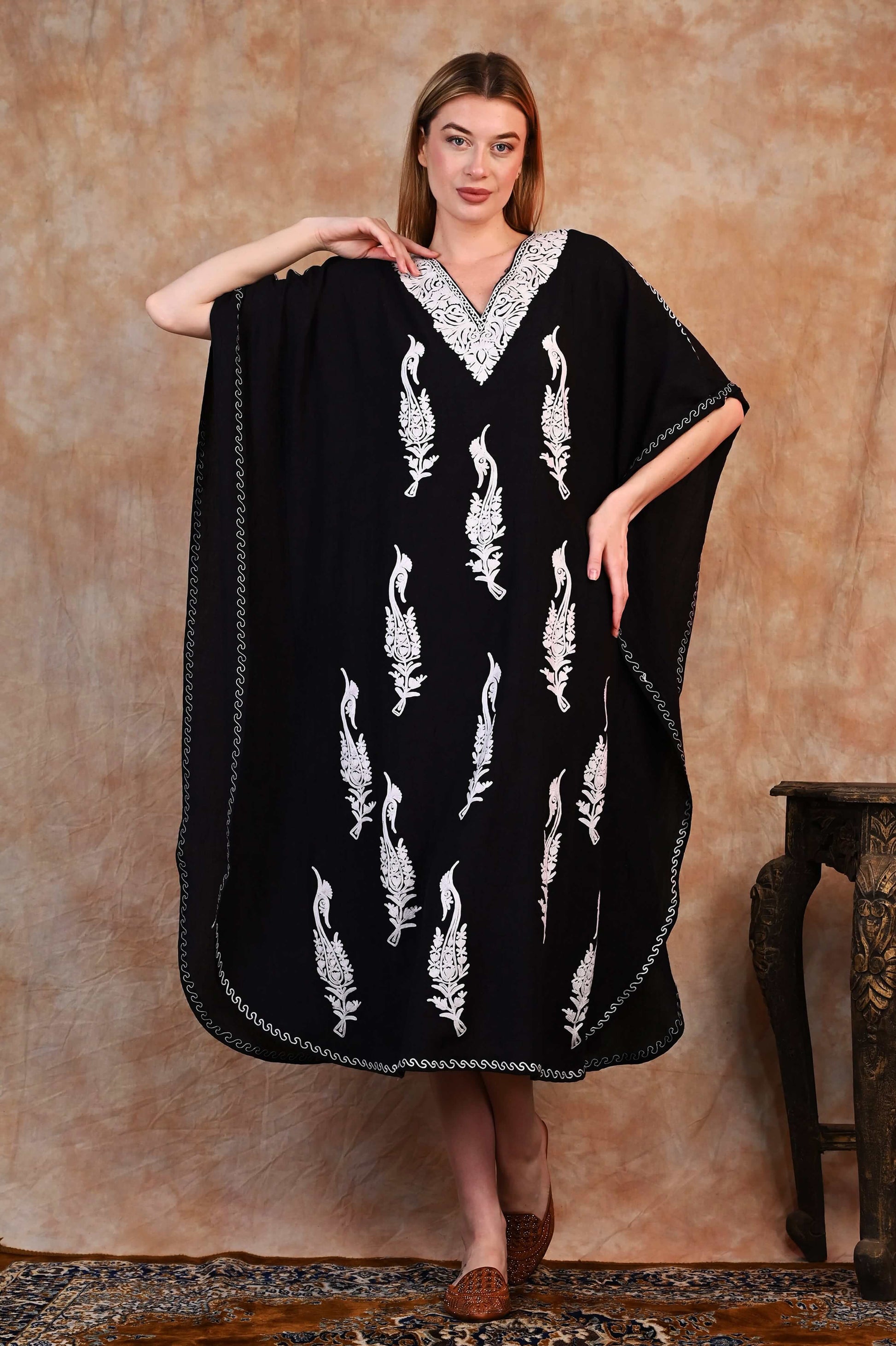 Classic Black Kashmiri Crush Cotton Kaftan with White Embroidery