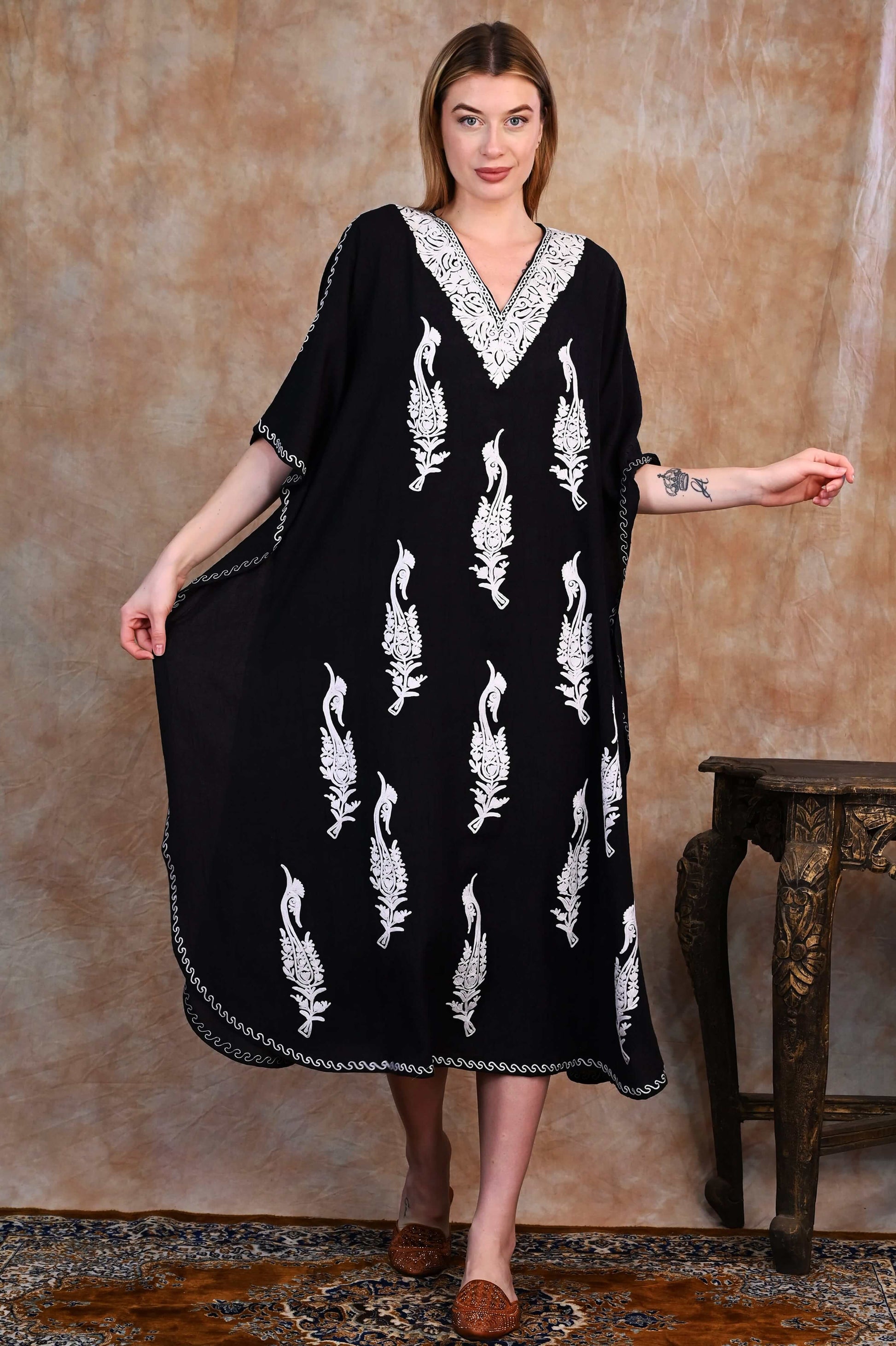 Classic Black Kashmiri Crush Cotton Kaftan with White Embroidery