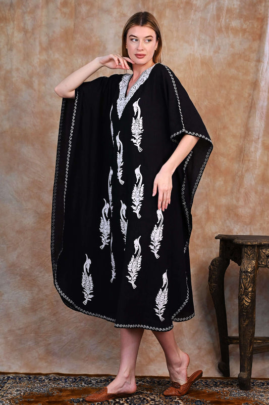 Classic Black Kashmiri Crush Cotton Kaftan with White Embroidery