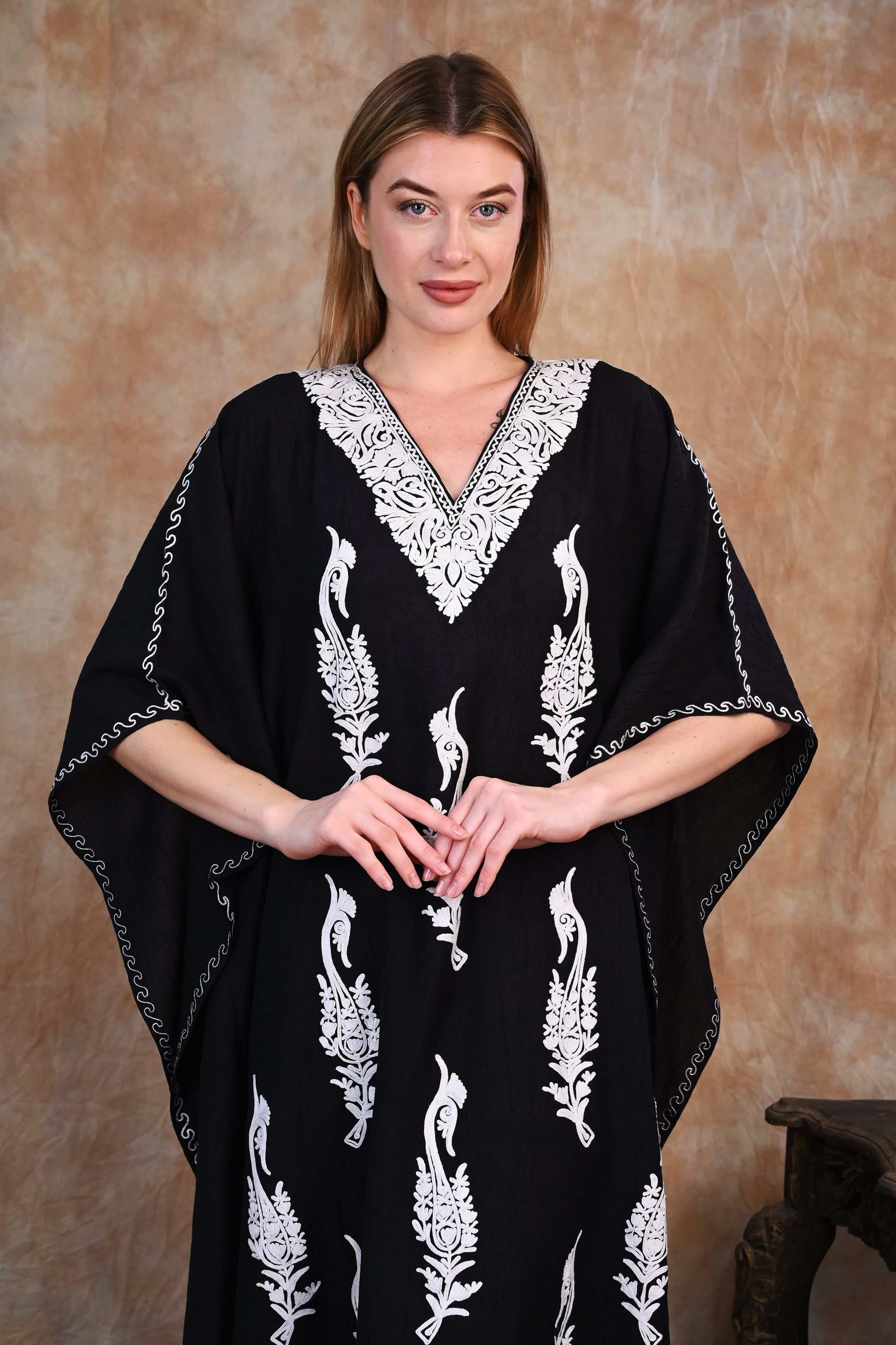 Classic Black Kashmiri Crush Cotton Kaftan with White Embroidery