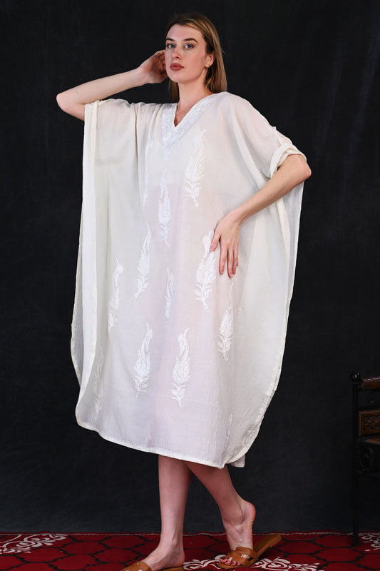 Ivory White Kashmiri Crush Cotton Kaftan with Tone-on-Tone Embroidery