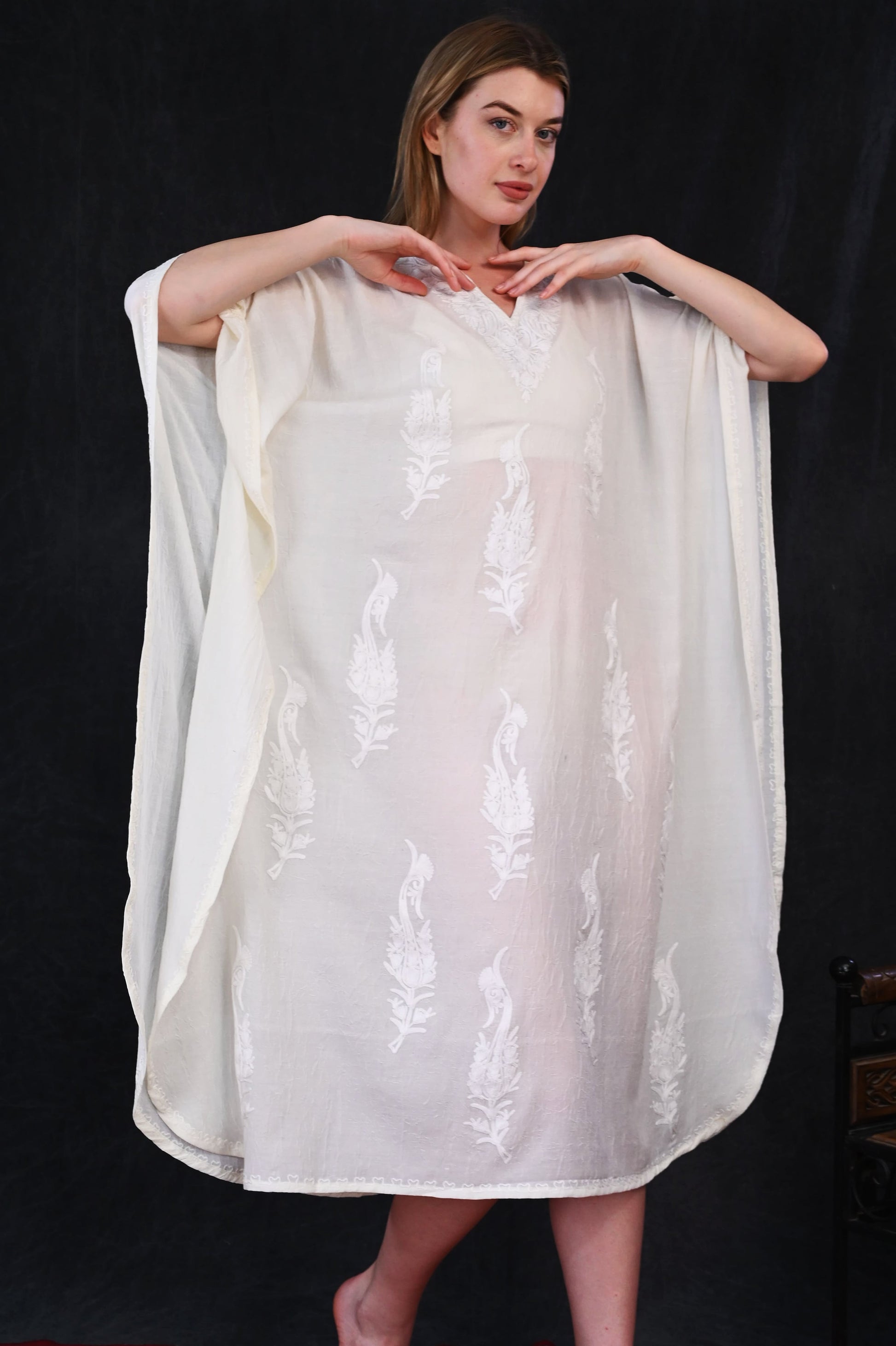 Ivory White Kashmiri Crush Cotton Kaftan with Tone-on-Tone Embroidery