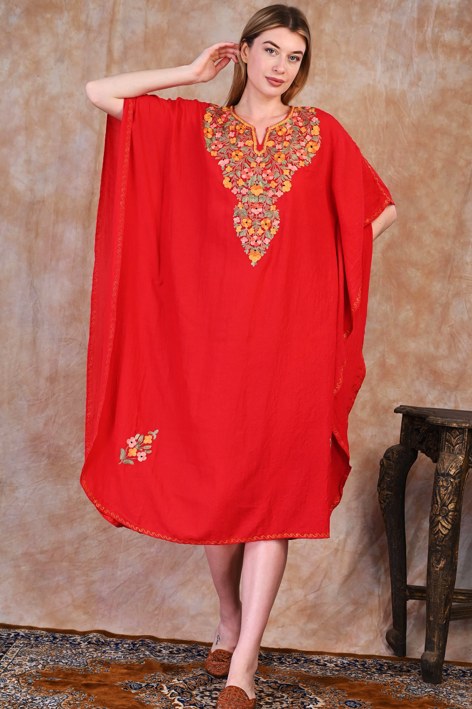 Deep Maroon Kashmiri Crush Cotton Kaftan