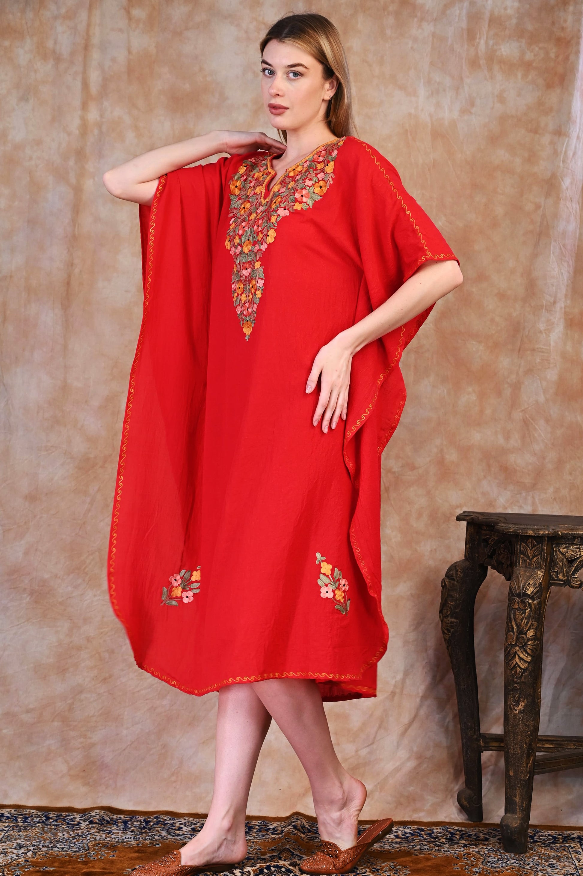 Deep Maroon Kashmiri Crush Cotton Kaftan