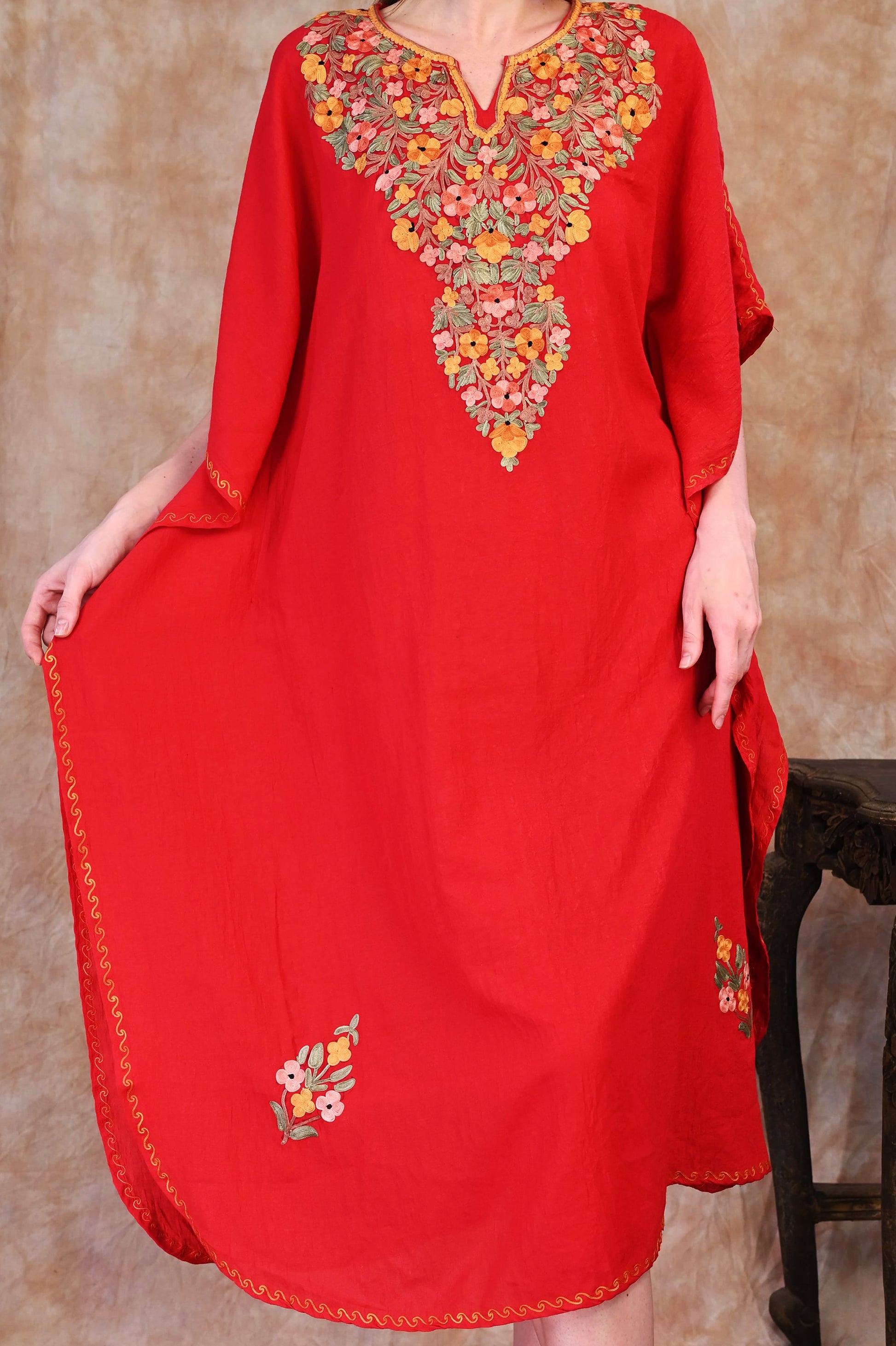 Deep Maroon Kashmiri Crush Cotton Kaftan
