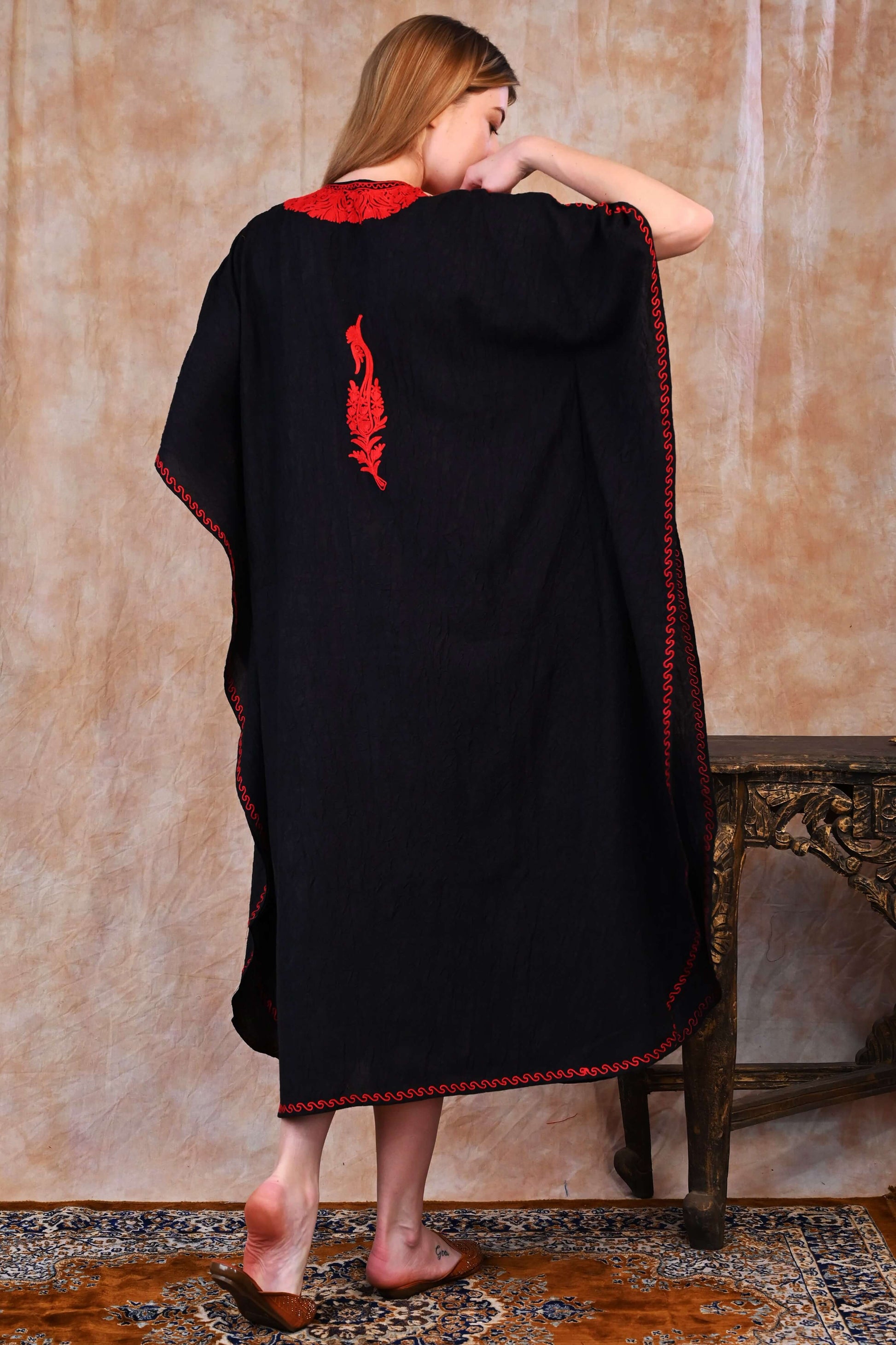 Kashmiri Crush Cotton Kaftan – Black with Fiery Red Aari Embroidery